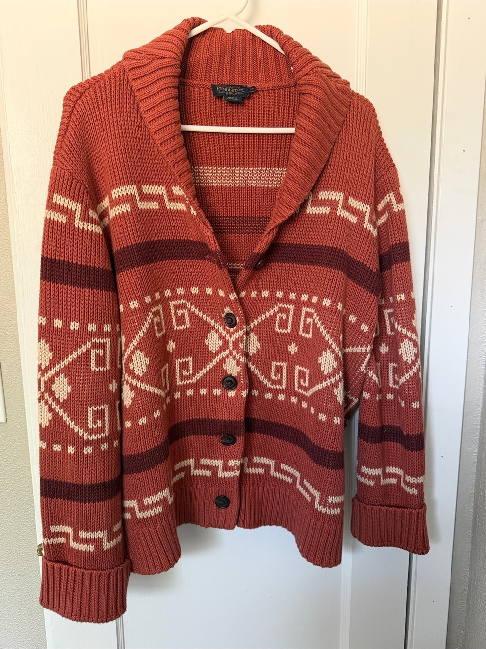 Pendleton Rust and Cream Geometric Shawl-Collar Cardigan